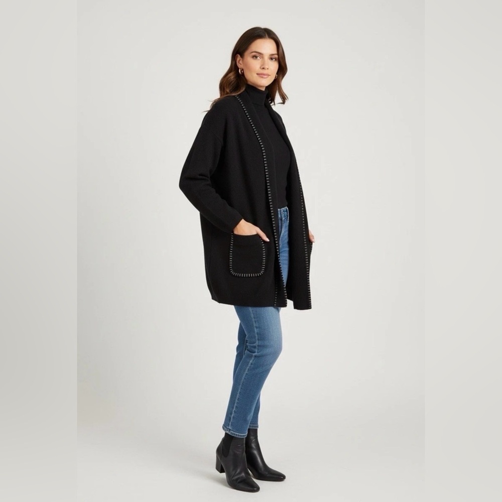 Magaschoni Sweater Cardigan Black Pockets Warm Heavy Thick Knit Chunky Medium
